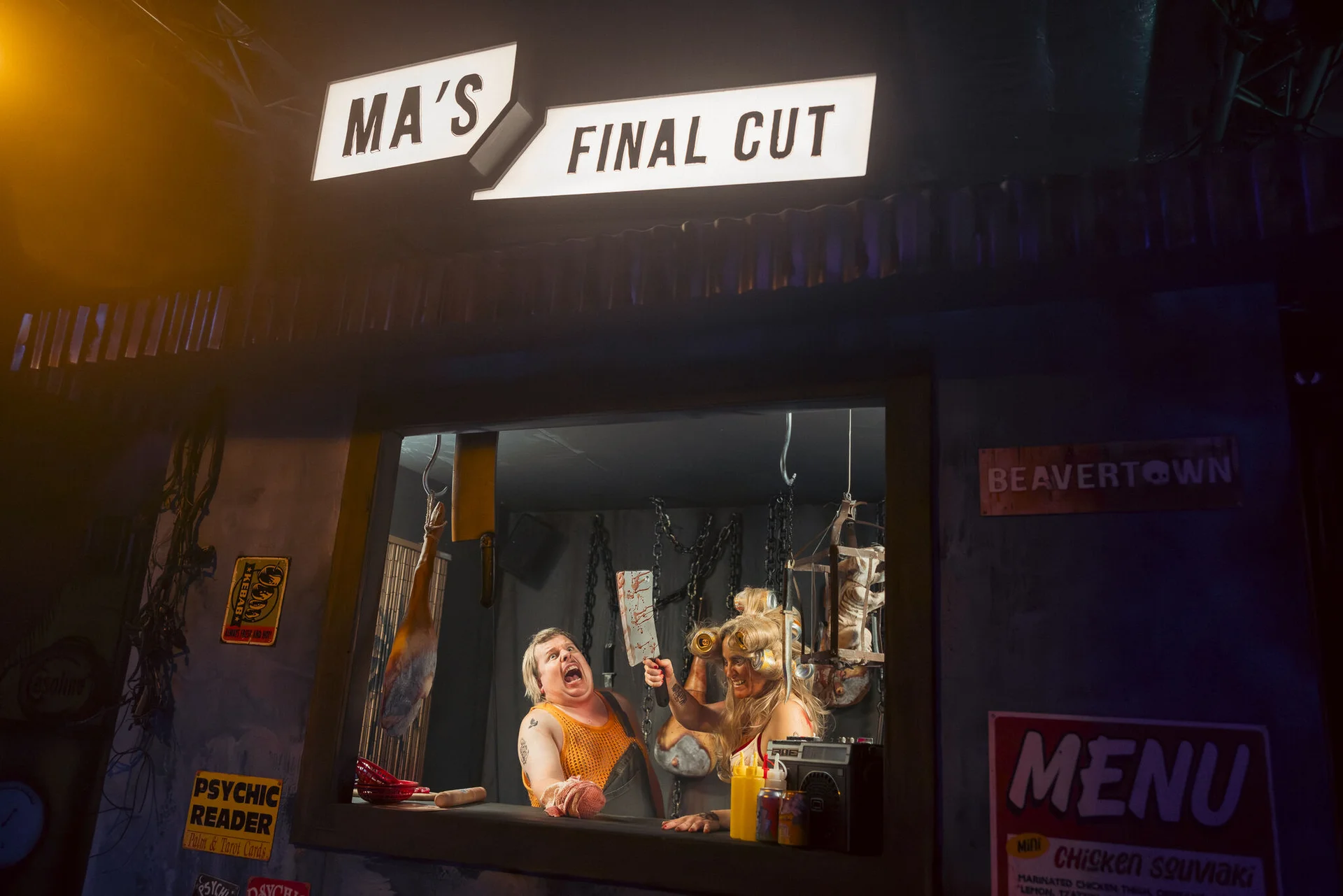 Ma's Final Cut room close-up — characters at the diner window under dramatic lighting