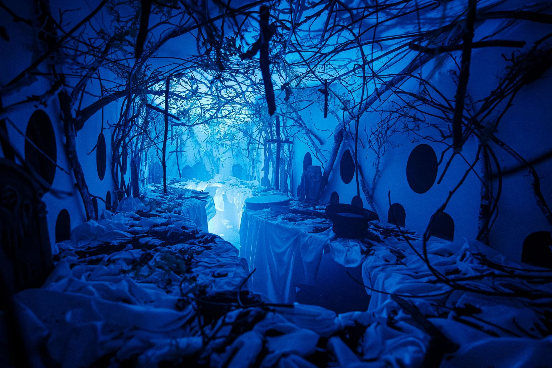 Ghost forest room — blue-washed corridor of bare branches and white draping